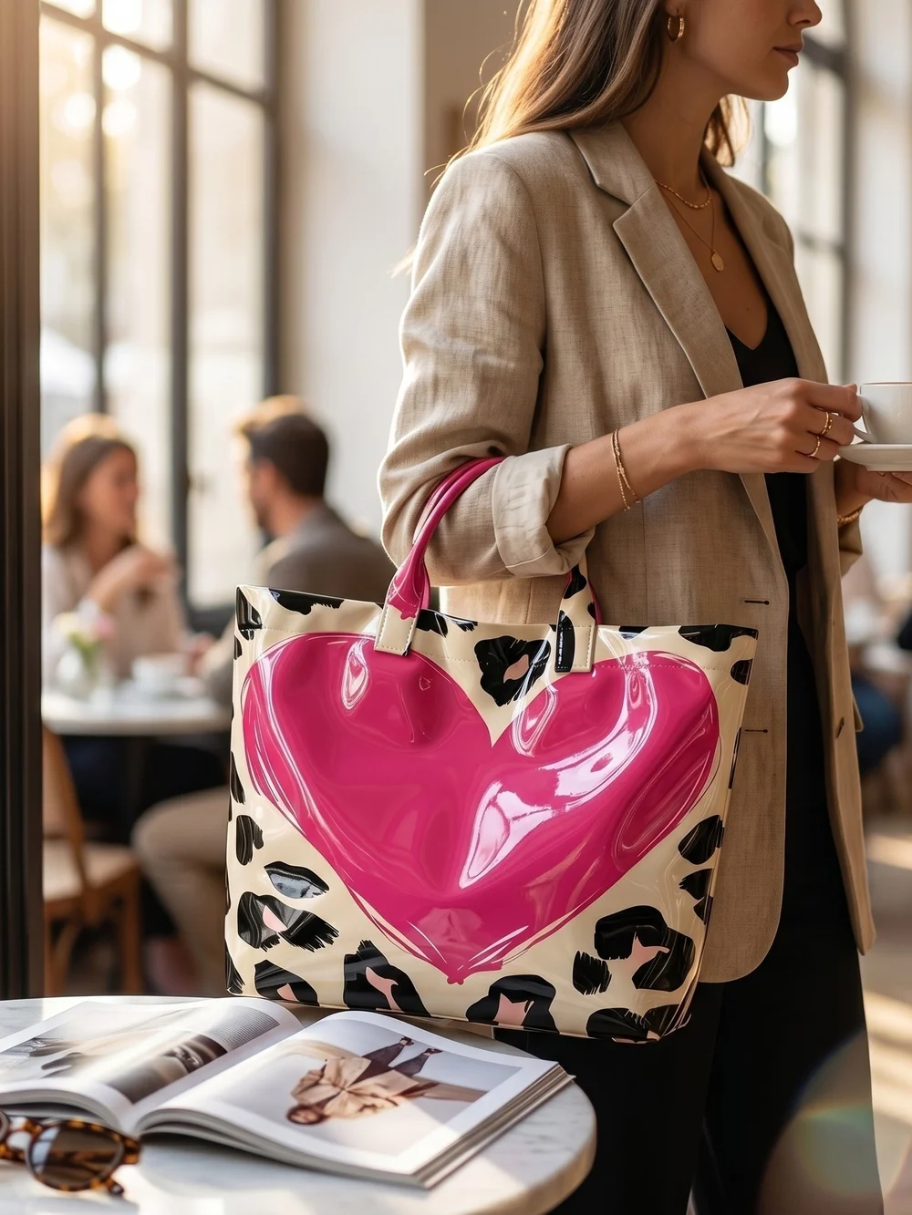 Heart Leopard Print Stylish Tote Bag - Picture 7 of 11